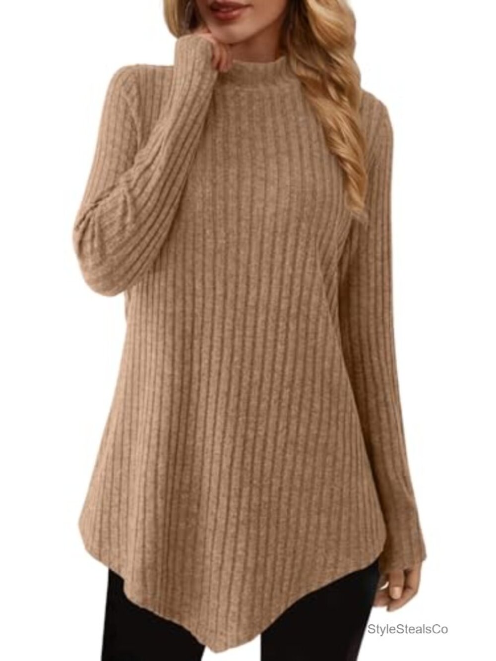 Mock Turtleneck Tunic Sweater Womens Long Sleeve Ribbed Knit Top